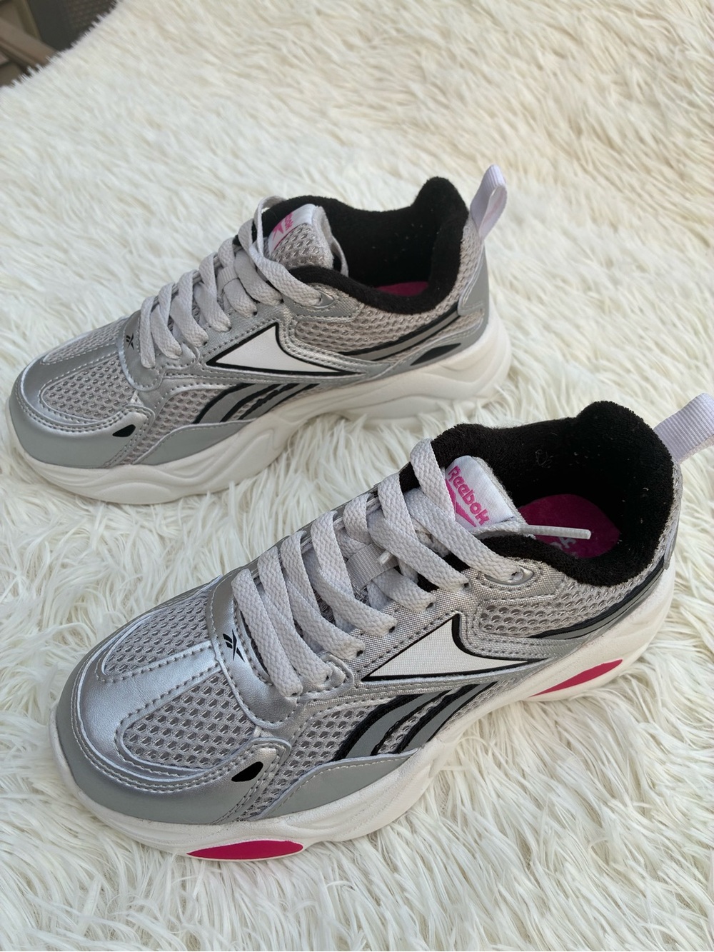 Reebok Silver, Black and Pink kids platforms Sneakers size 2